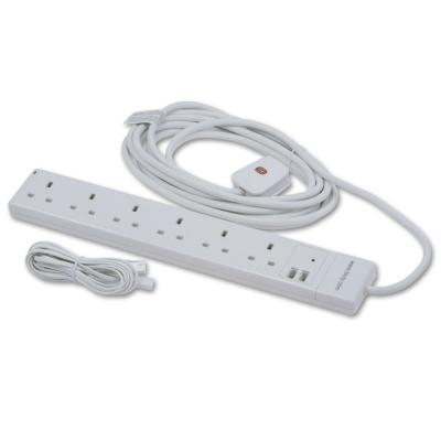 UK Mains 6 Way Surge & Fax/Modem Protector White 2m